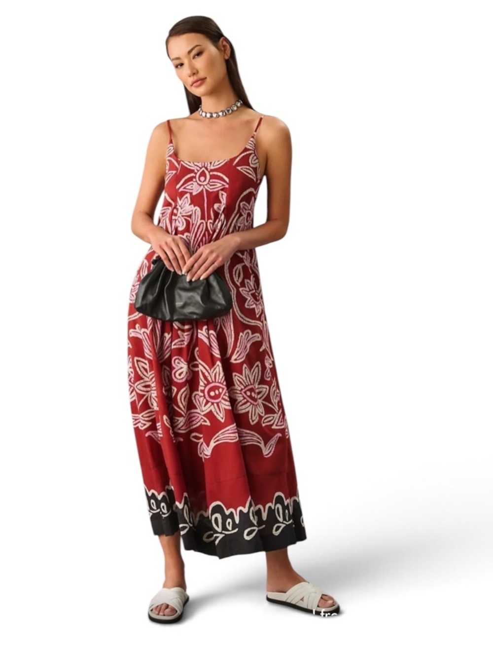 Anthropologie Red Floral Maxi Dress with Black Border